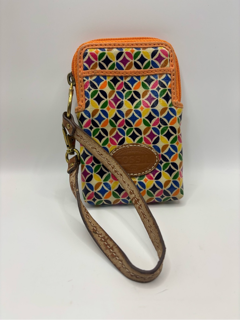 Fossil Multicolor Geometric Mini Wristlet with Orange Trim